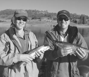 Karen and Matt O’Toole with a couple of Jindabyne rainbows trolled up in perfect weather.